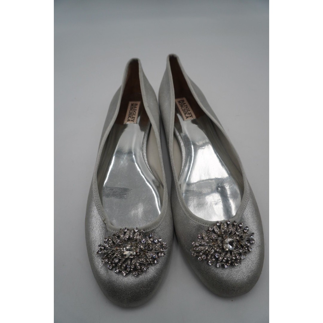 Badgley Mischka Bianca Silver Rhinestone Embellished Beaded Ballet Flats Size 10