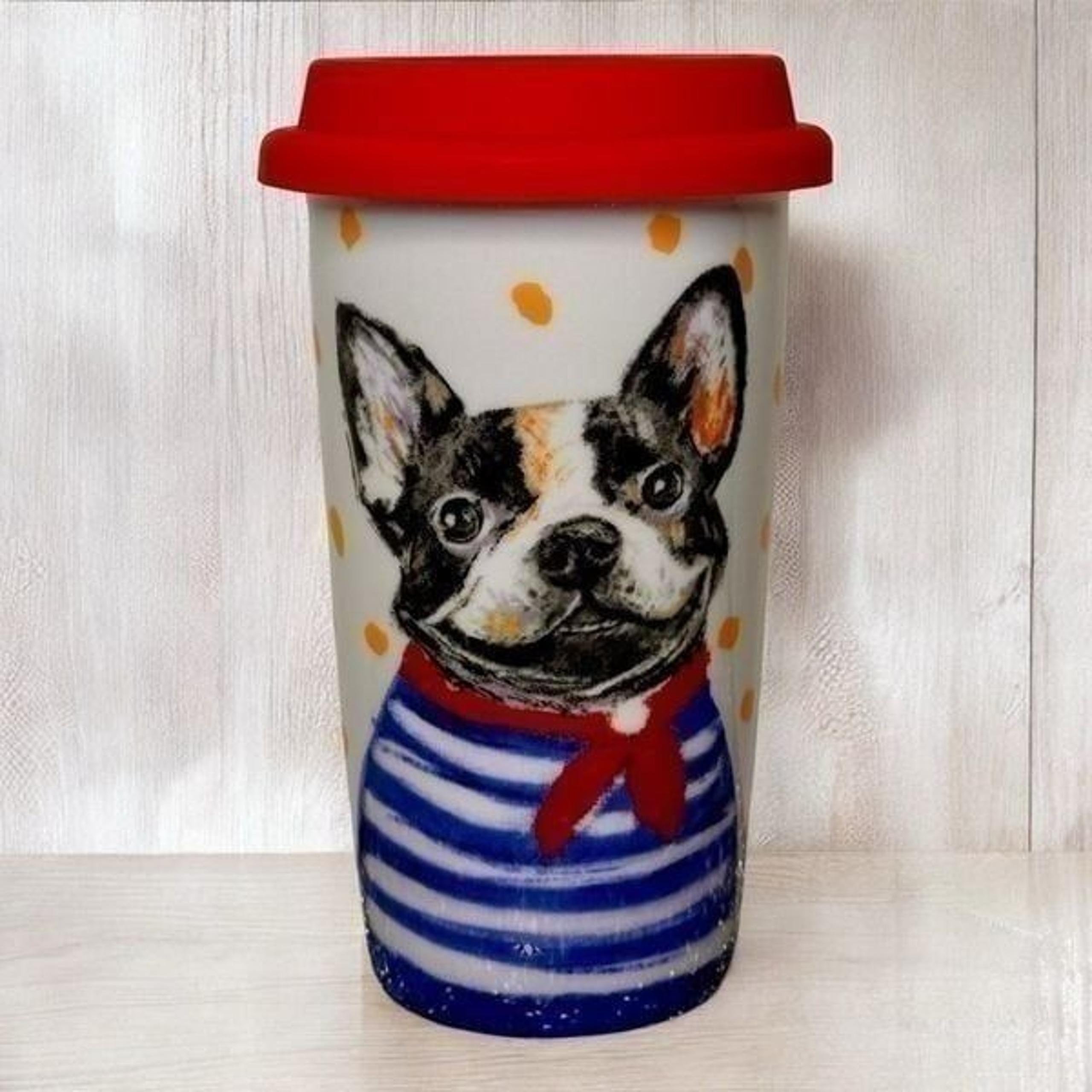 Pier 1 Retired Boston Terrier Ceramic Travel Mug Red Silicone Lid