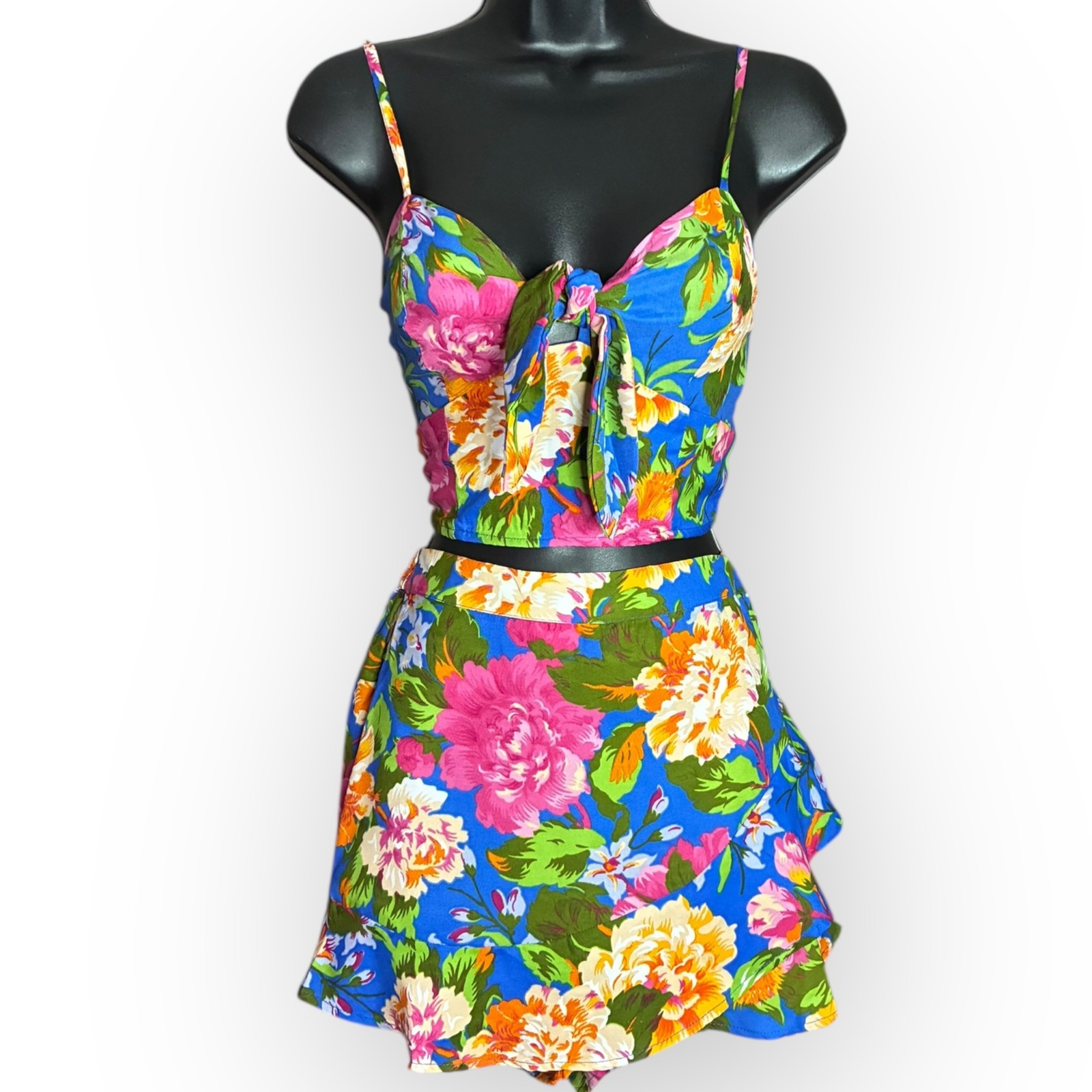 Lottie & Holly Floral Two-Piece Set Tie-Front Cami Top Ruffle Skirt S