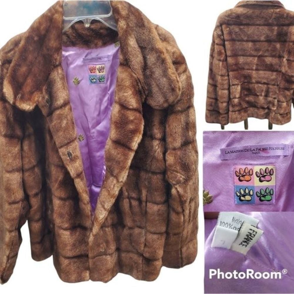 La Maison Fausse Fourrure Faux Fur Coat Brown Check Pattern Made in France L