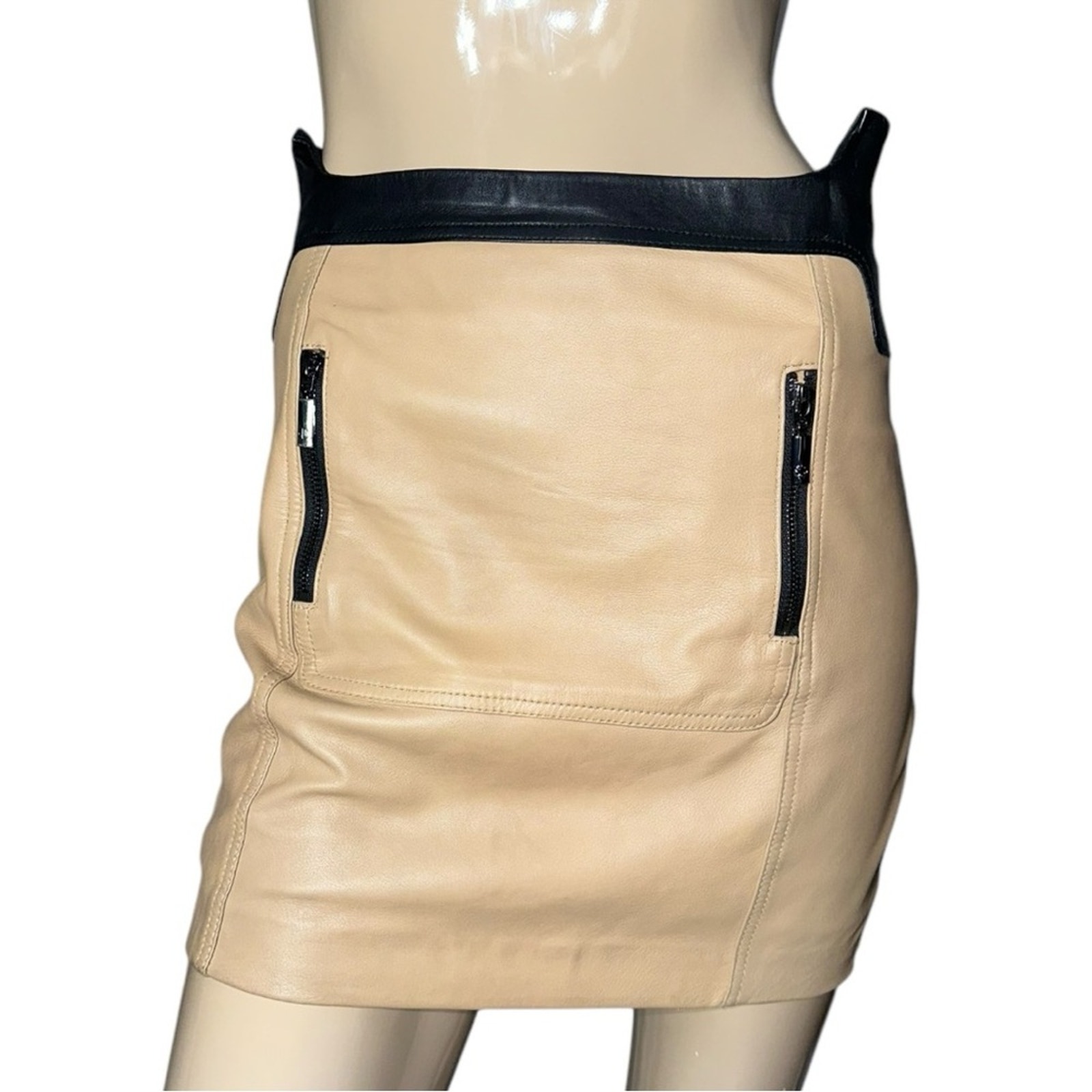Stella & Jamie Women’s Size M Camel Tan Black Galo Leather Mini Skirt