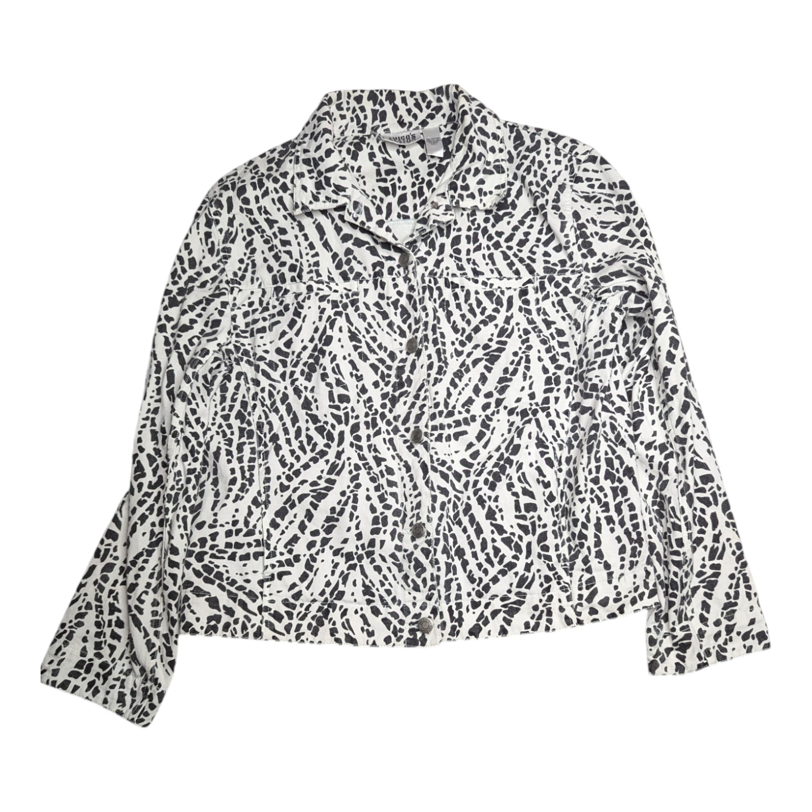 Vtg 1990s Chico's Design White Black Cotton Denim Giraffe Print Jacket 1 M