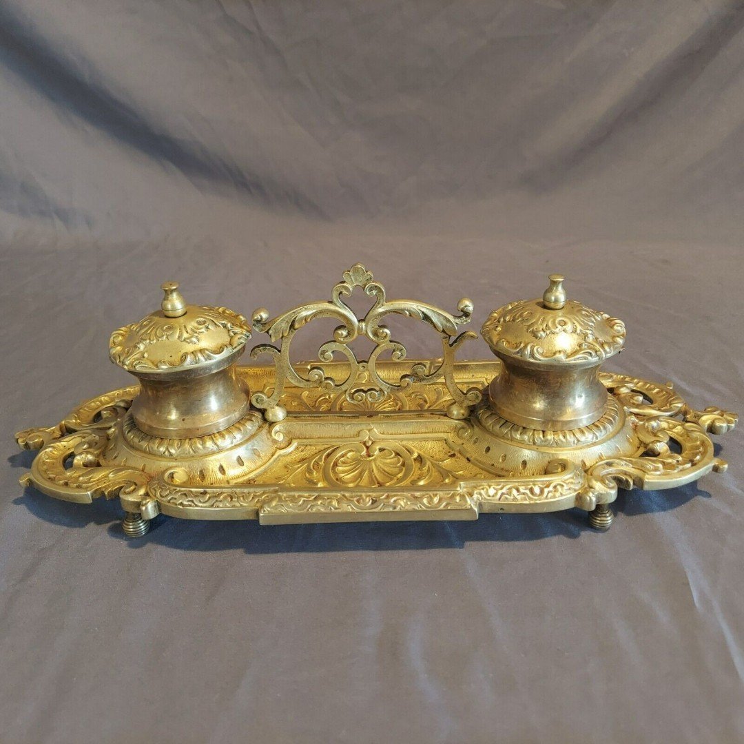 Antique 14 Victorian Austrian Gilt Bronze Double Inkwell Desk Set