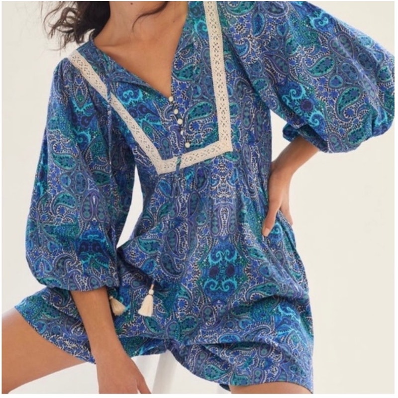 By Anthropologie Romper Paisley Lace Balloon Sleeve Blue Purple Women's Small