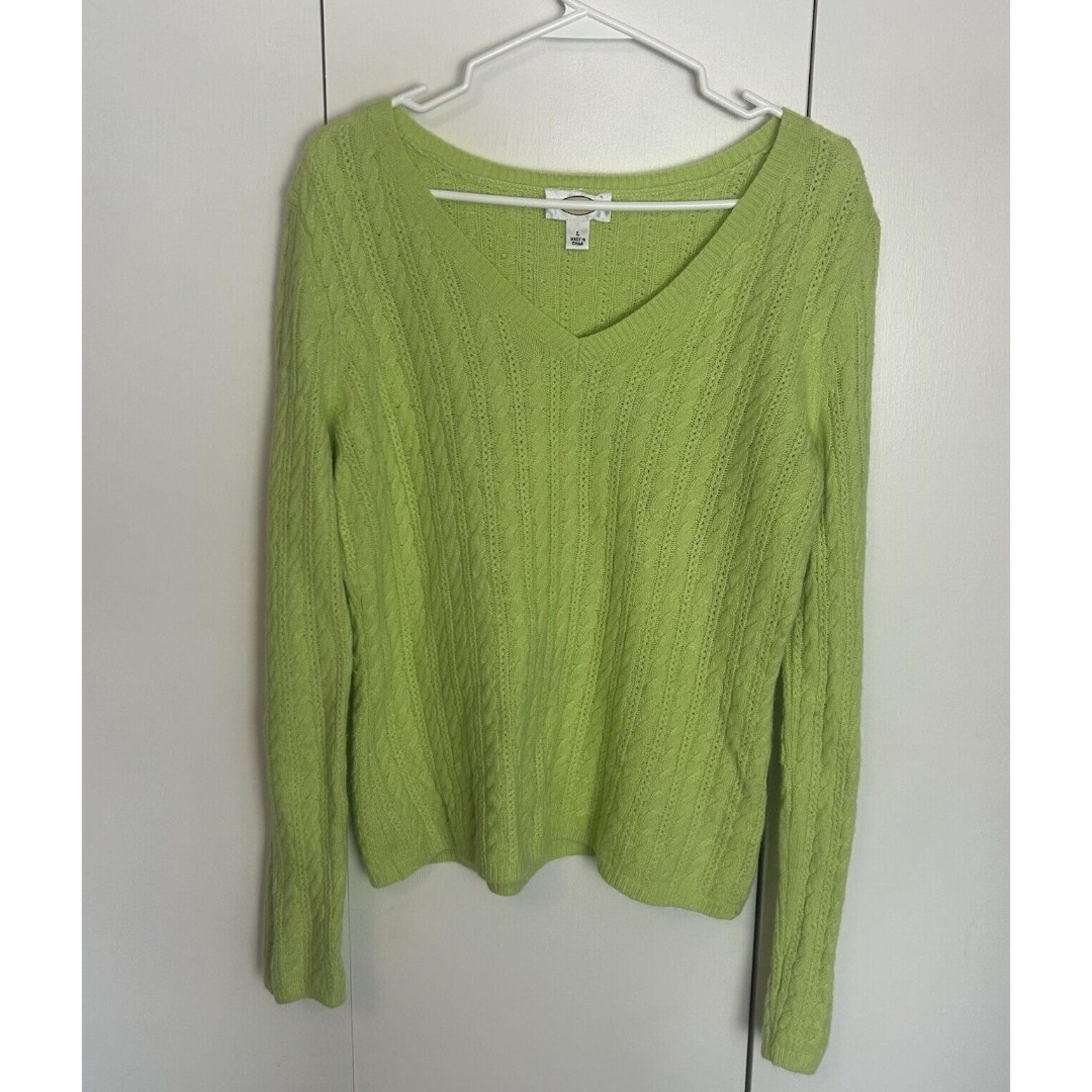 Talbots Women’s Cable Knit Sweater Green Sz Lg Lambs Wool Angora Blend V-Neck