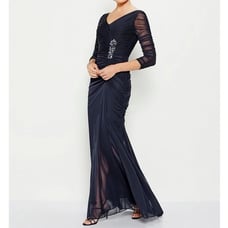 NWT Adrianna Papell Navy Tulle Embellished Double V Formal Gown