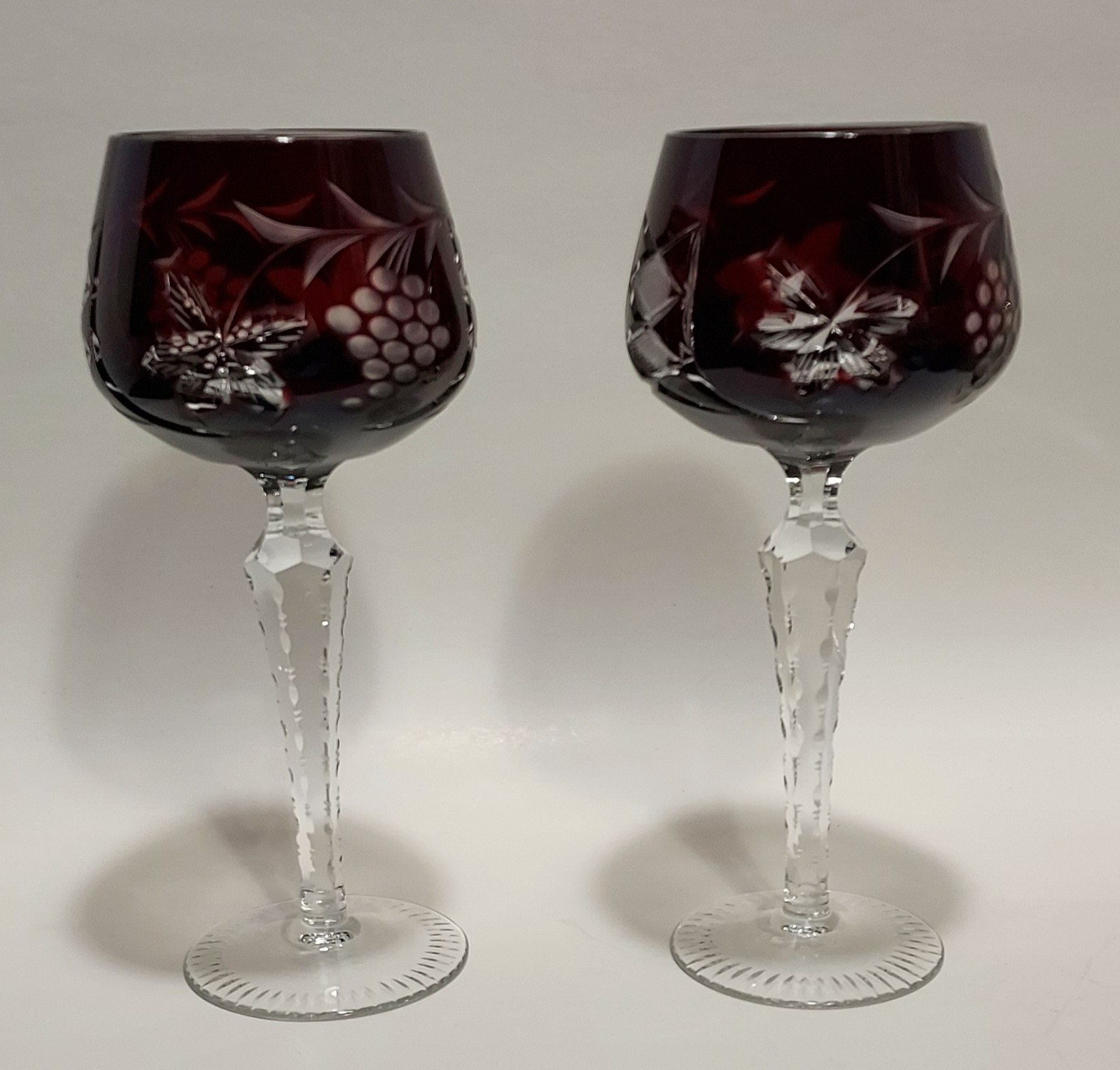 Two Amethyst Bohemian Cut Crystal Wine Glasses