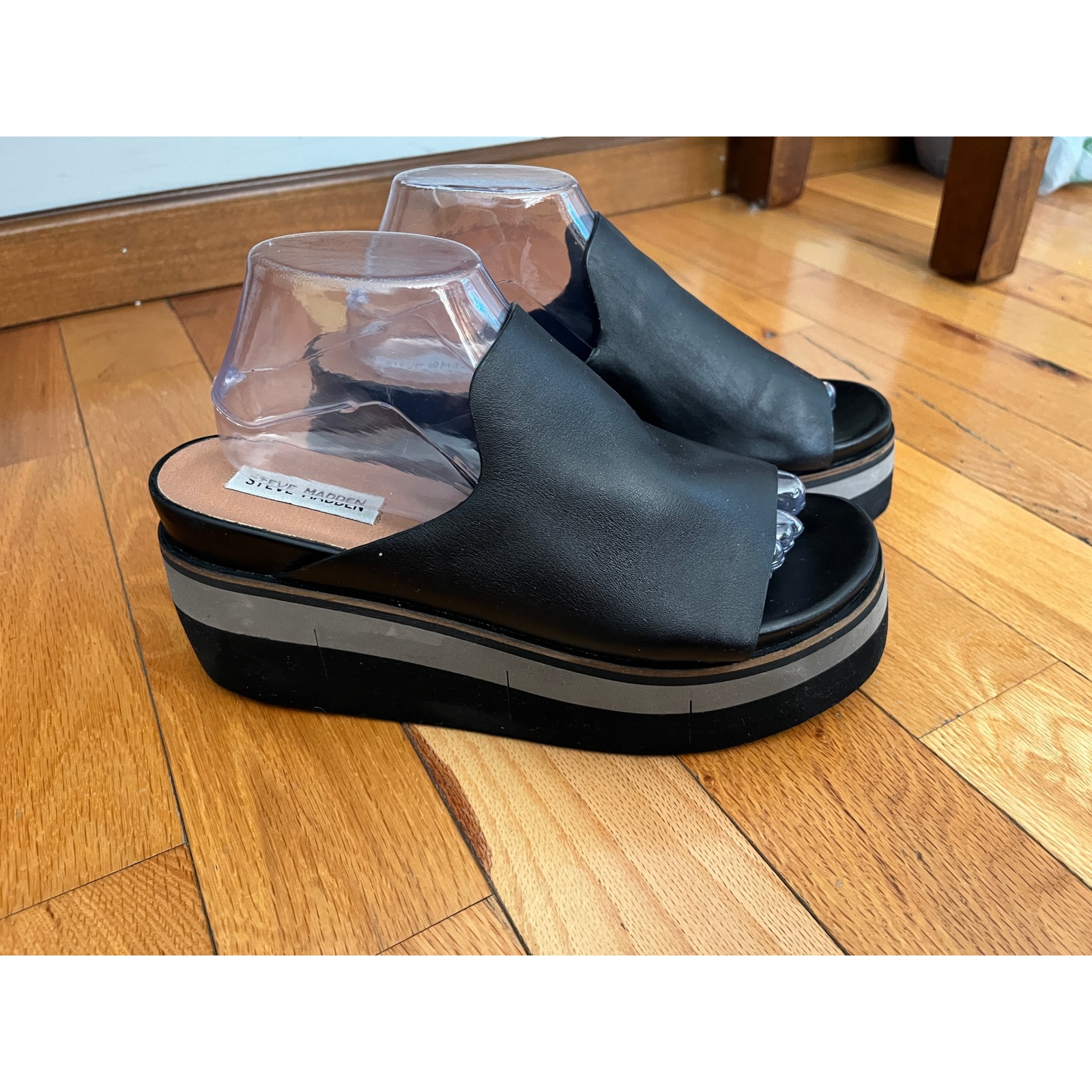 Steve Madden King Leather Slip-On Sandals Chunky Platform Black Women 10M
