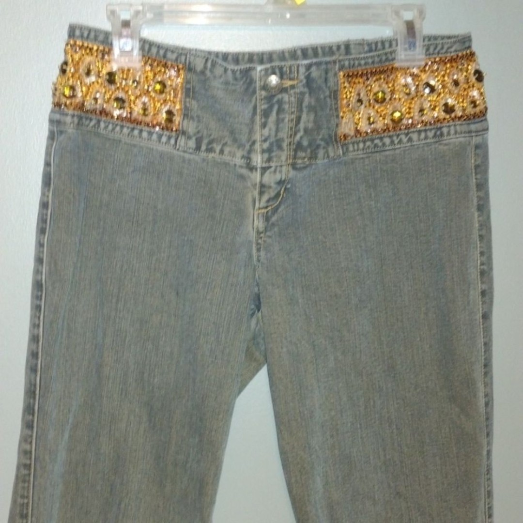 VINTAGE Express jeans flared leg bedazzled Y2K beaded waistband size 9/10