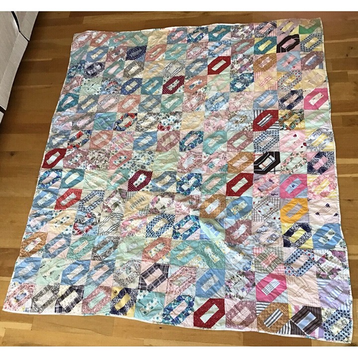 Vintage 5” Square Hand-sewn Quilt with Floral Back 67” X 77”