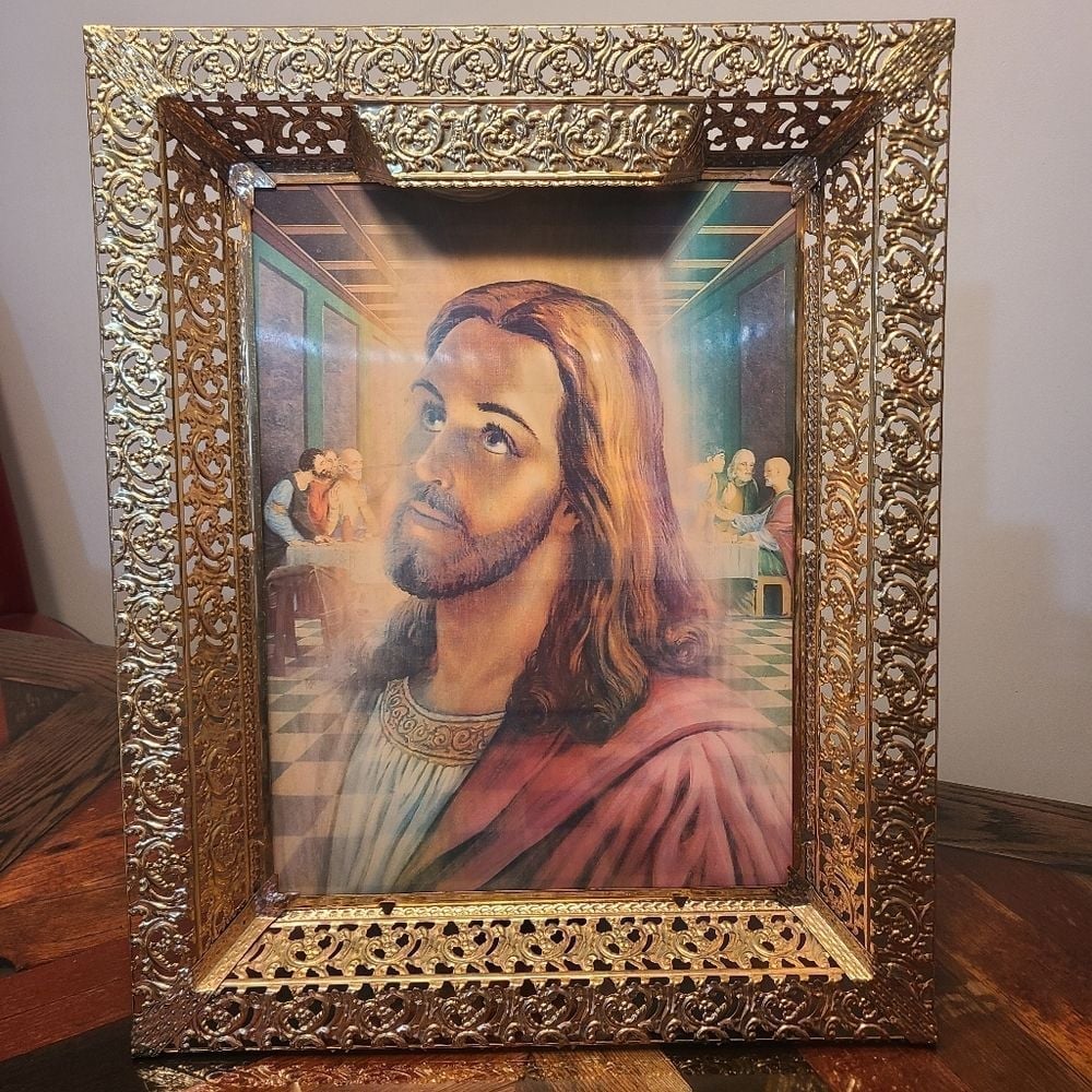 Vintage Lighted 3D Hologram Jesus Crucifixion Lenticular Metal Framed Art