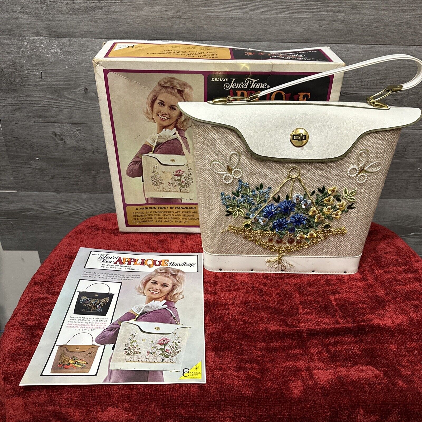 Vintage 60s Jeweled Tone Applique Handbag Purse New W/ Box Floral Butterfly