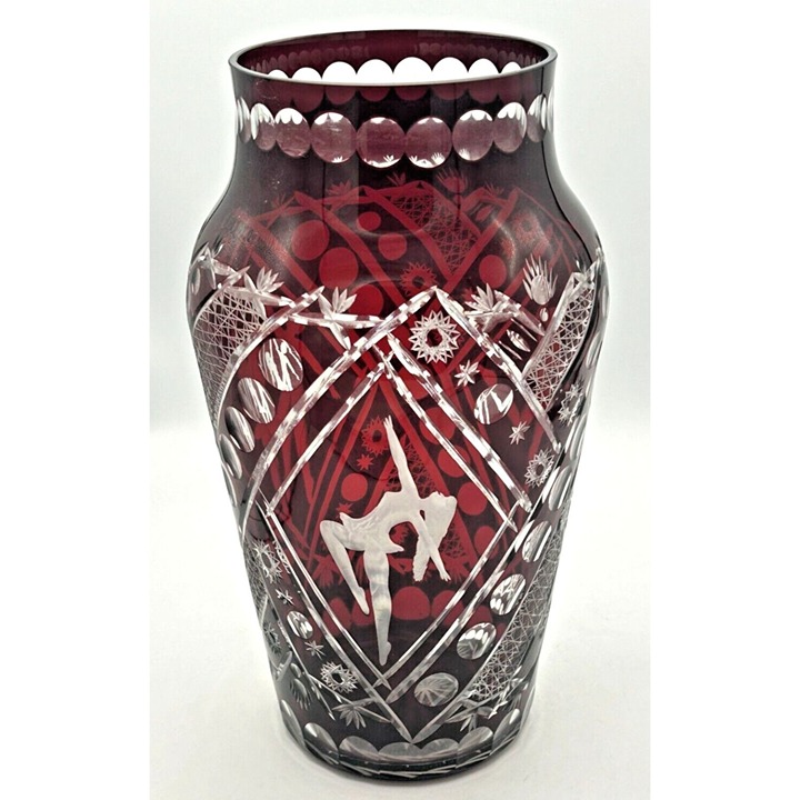 Ruby Red Glass Vase Cut-to-Clear Dancers Czech Bohemian Egermann 12