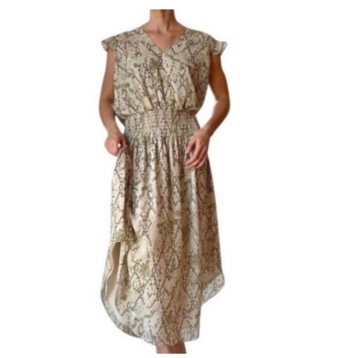 Ramy Brook Reina Snake Print Midi Chiffon Flowy Smocked Vacation dress