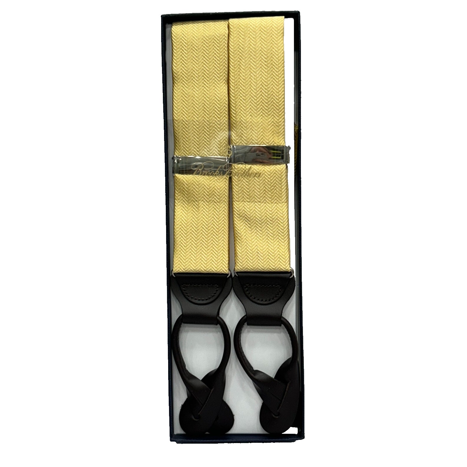 NEW Brooks Brothers Suspenders Yellow Button Woven Nylon Braces Leather Elastic