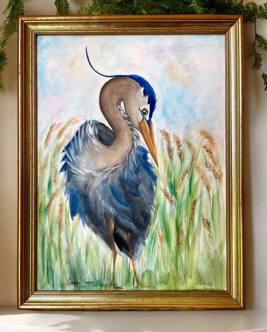 ORIGINAL Great Blue Heron Marsh painting in vintage frame by artist Me!