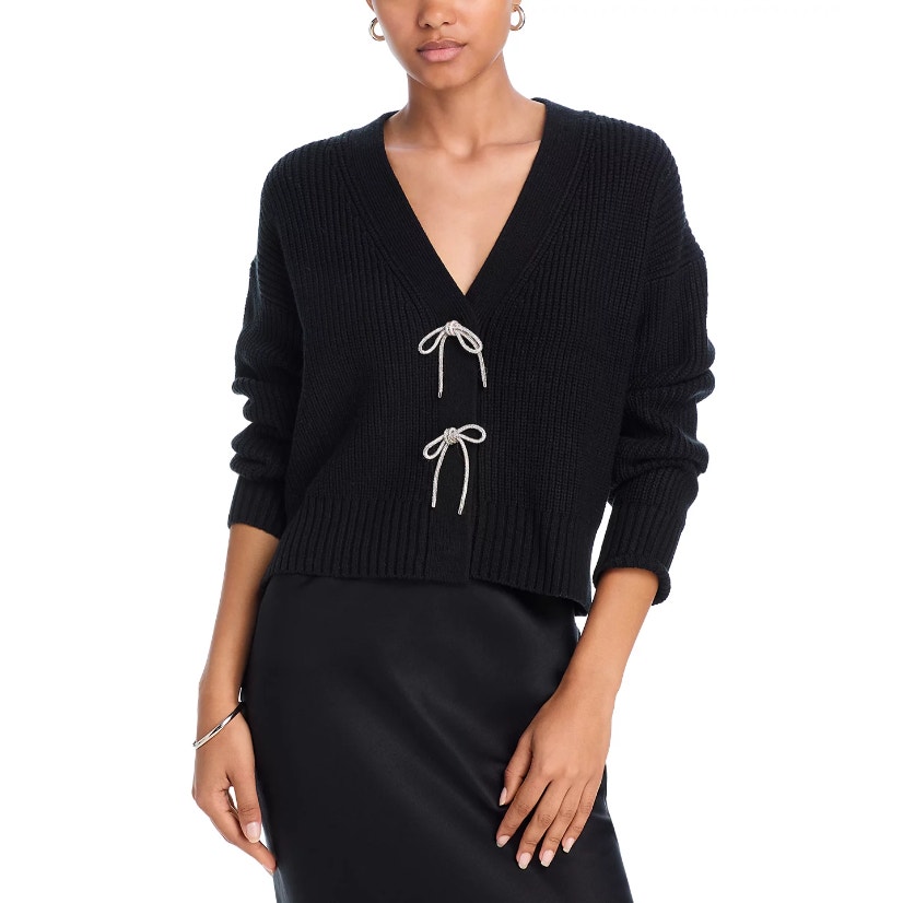 FRENCH CONNECTION WOMENS MEDIUM BABYSOFT SPARKLY BOW EMBELLISHED CARDIGAN BLACK