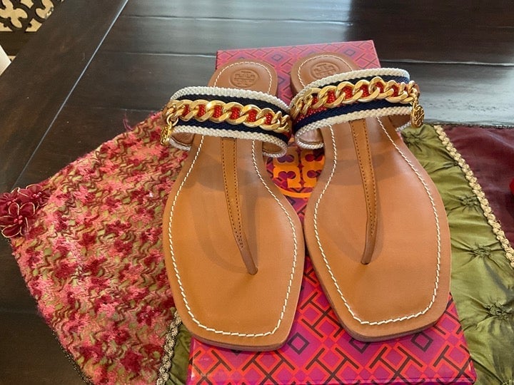 Tory Burch Mini Benton Chain Band Sandal ambra/poppy red, Size 8, BNIB, MSRP278