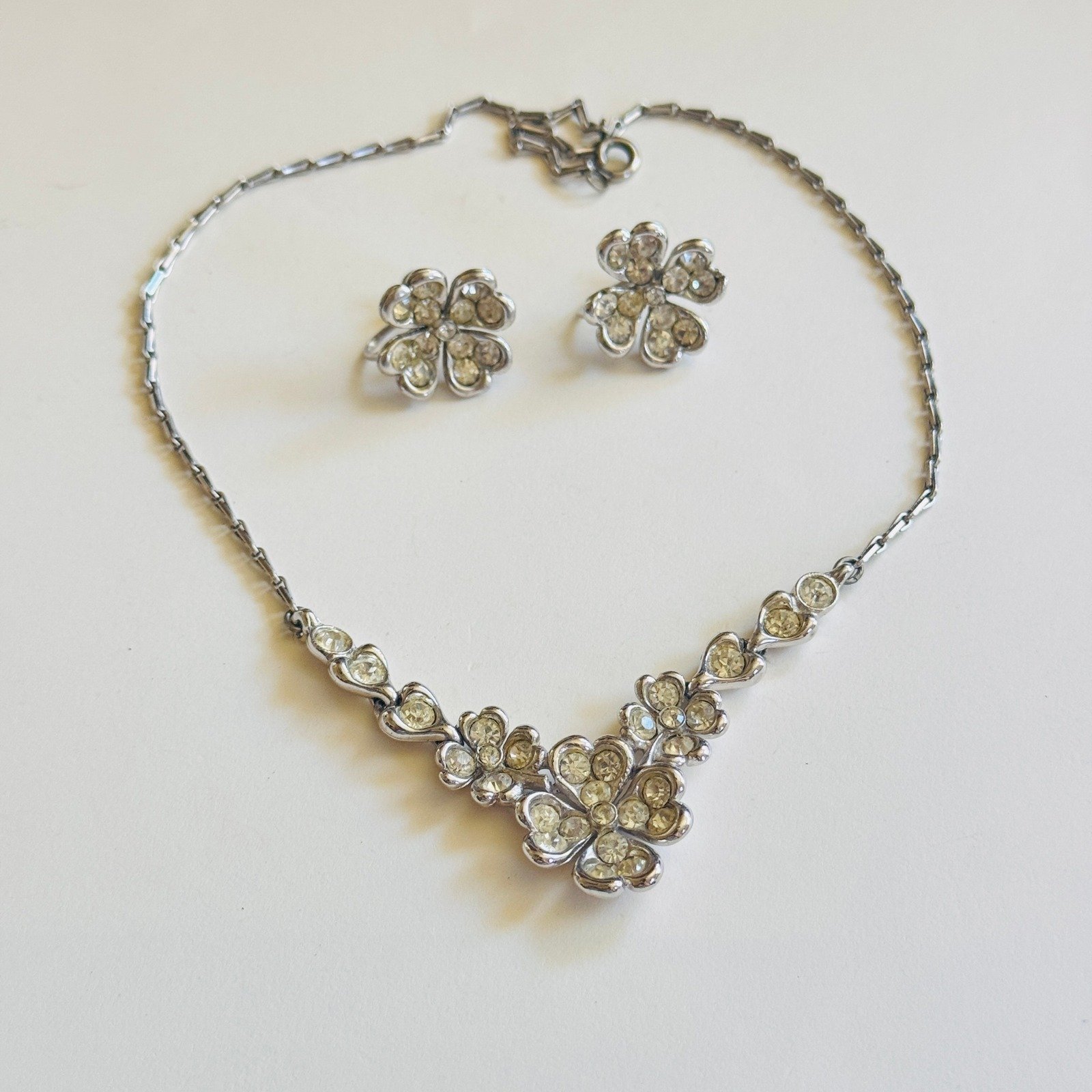 VTG Bogoff Signed Necklace Earrings Set Crystal Rhinestone Silver Sparkly Glitzy