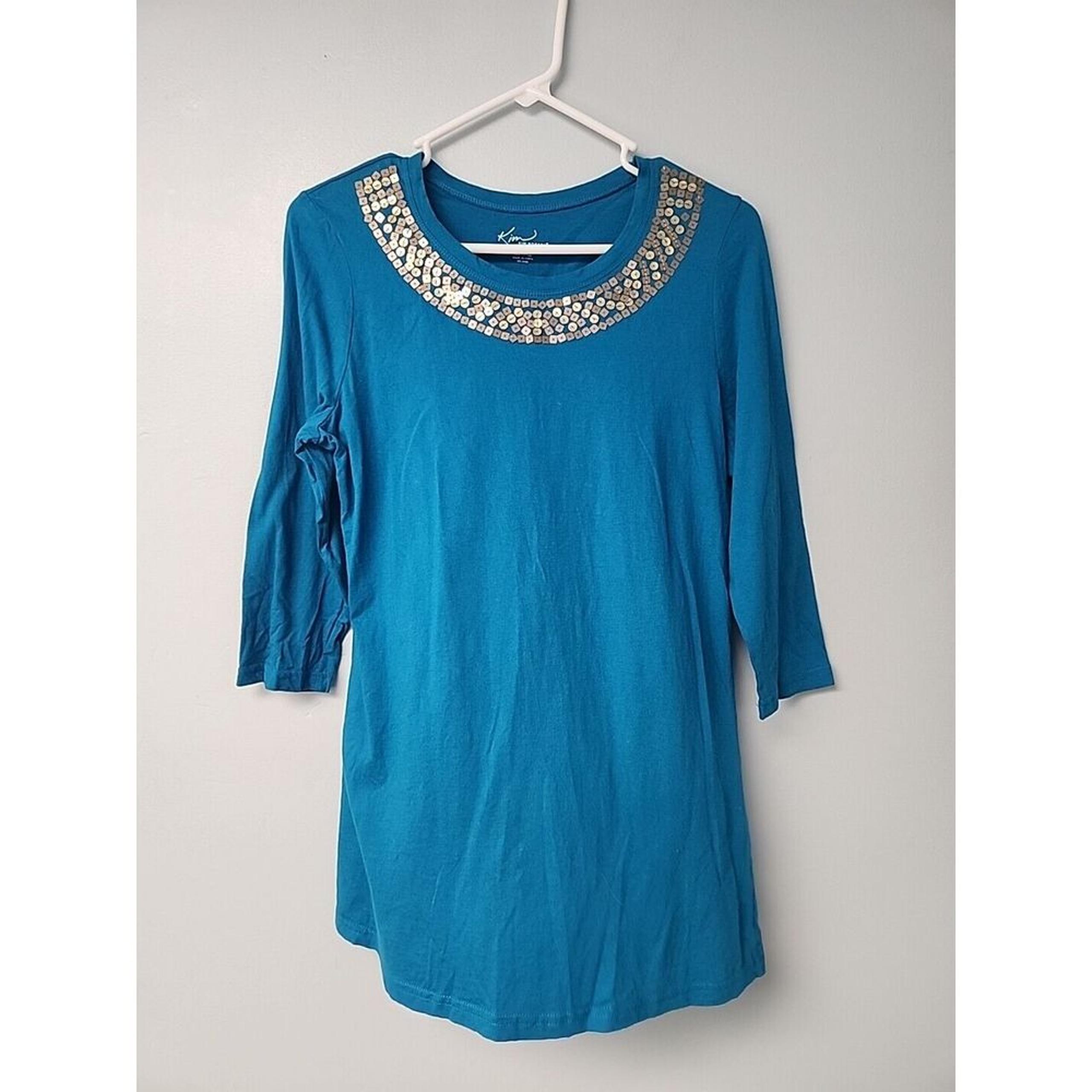 Kim Rogers Women Top Medium Teal Blue Stretch Knit 3/4 Sleeves Sequin Neckline