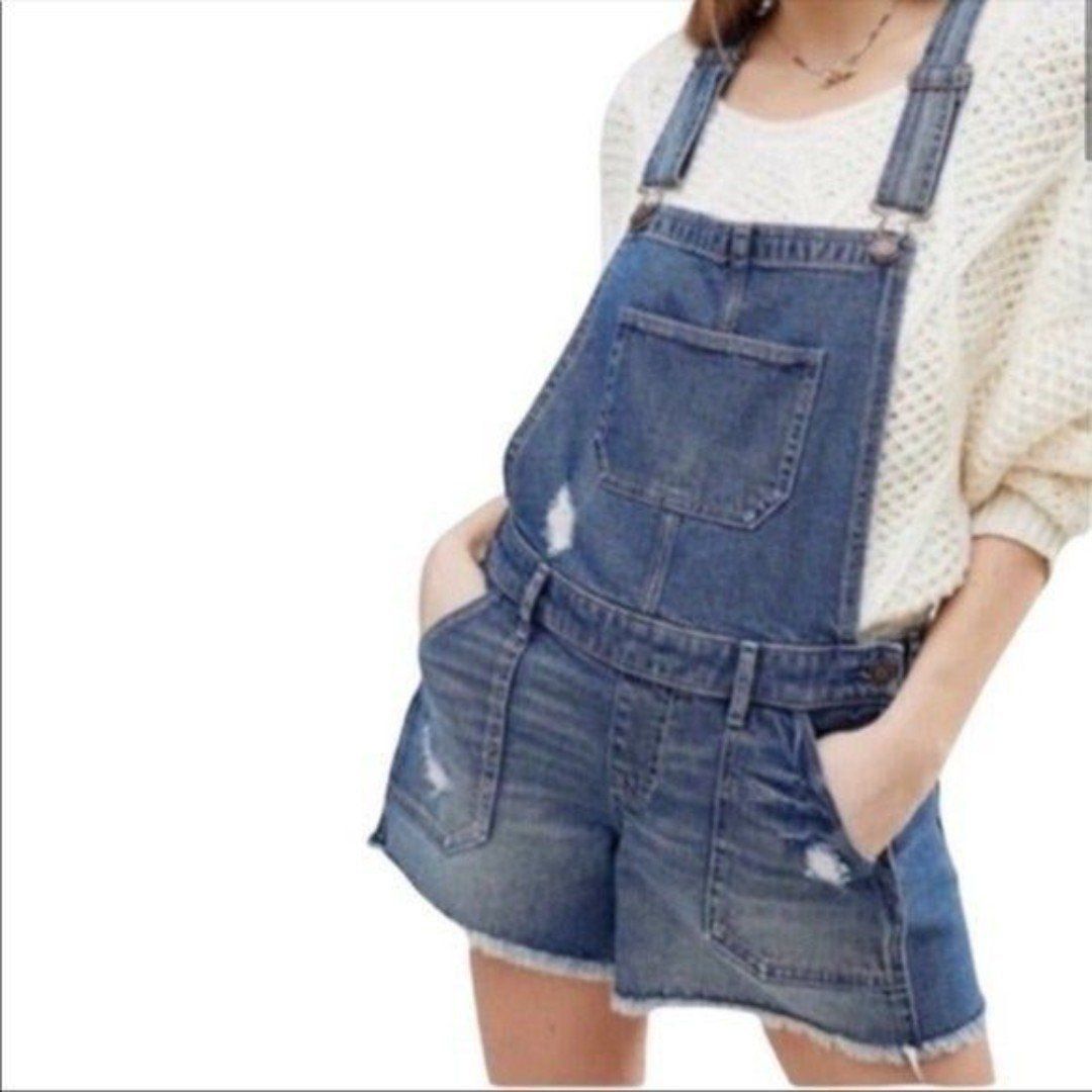 Holister Boyfriend Short Overall Vintage Stretch Distressed Short Jumpsuit Sz M