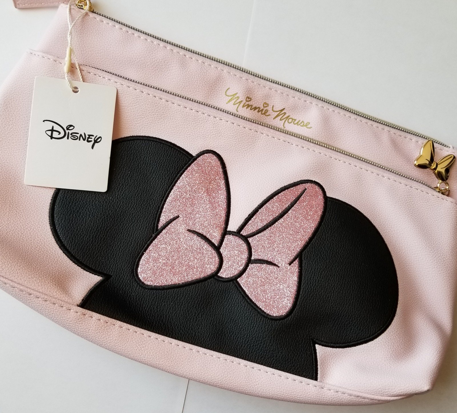 Disney Minnie Mouse Baby Pink Large Glitter Double Zipper Cosmetics Bag