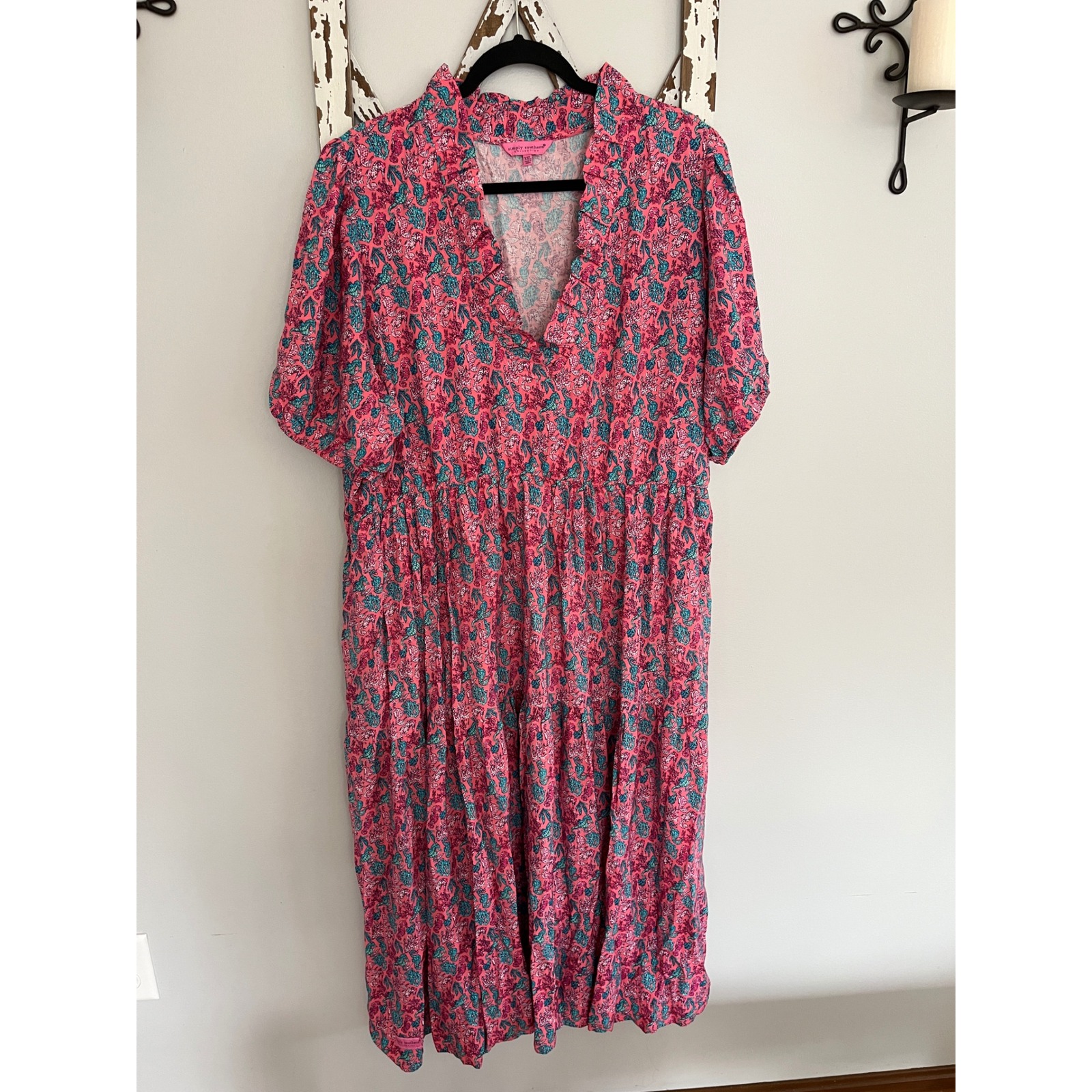 Simply Southern Maxi Tiered Colorful Dress XXL With Pockets Seahorse Pink EUC