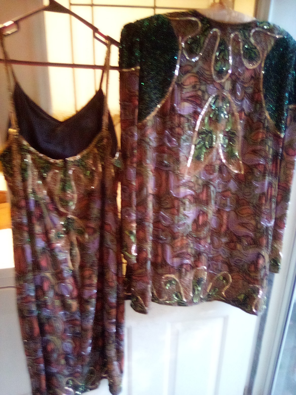 Beaded spaghetti strap cocktail dress with matching long beaded jacket
