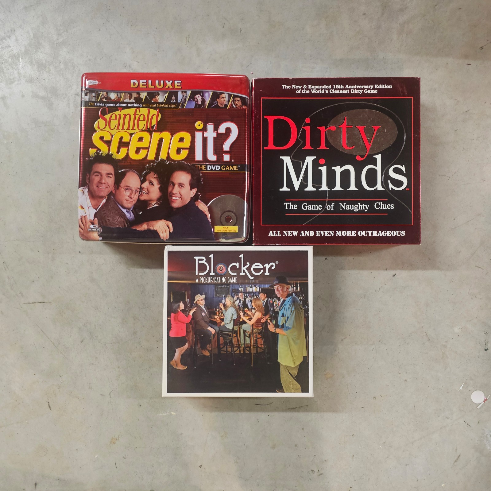 Dirty Minds Game + Scene It Seinfeld Deluxe Tin Game + Blockers