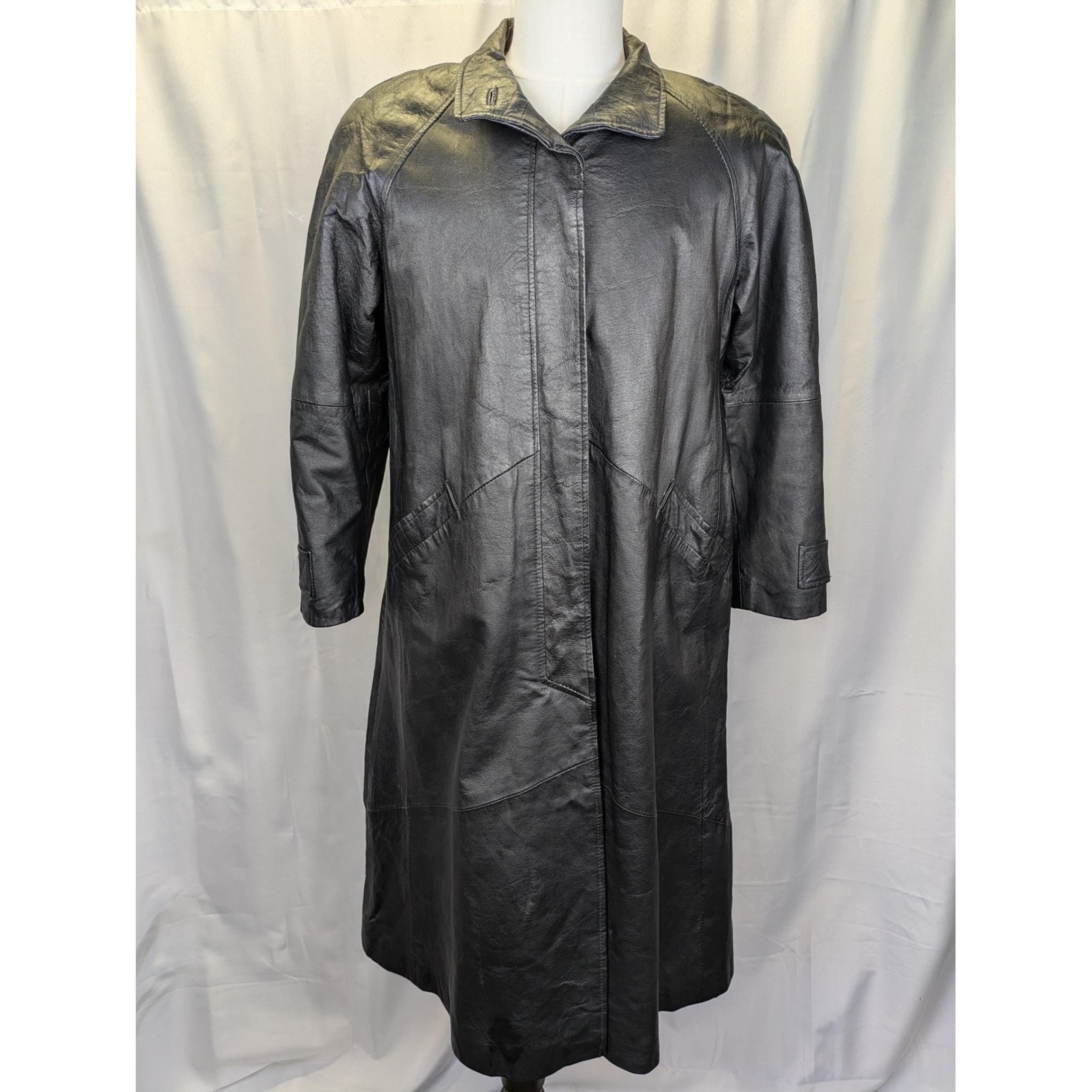 Winlit Genuine Leather Trench Coat Duster Long Maxi Black Petite P/P Women's 0-2