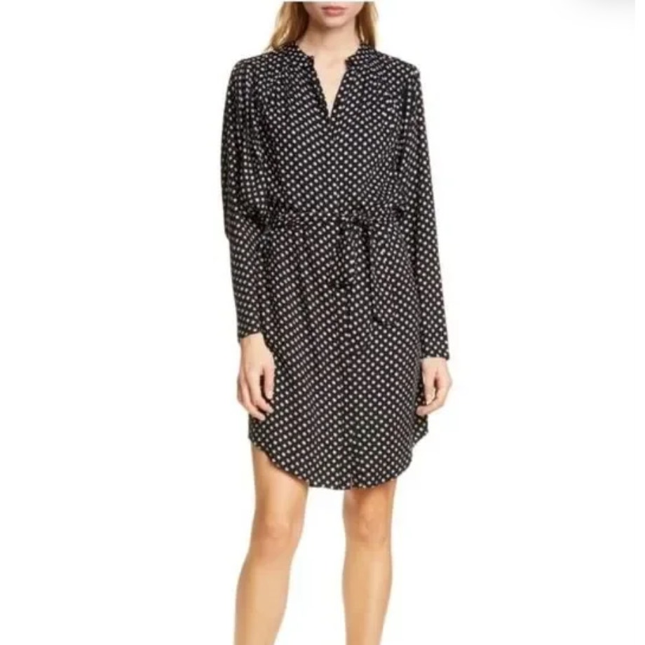 Joie Myune Tie Waist Shirtdress Dolman Button Sleeve Black Geometric Size Medium