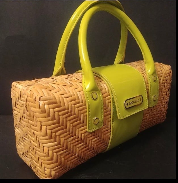 Monsac Original Straw Wicker Lime Green Coated Leather Trim Boxy Purse Bag