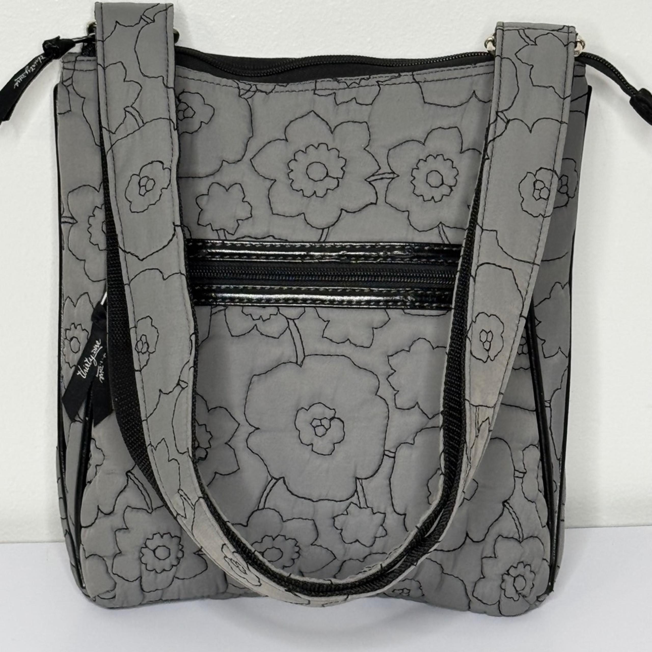 Thirty-One Gray & Black Quilted Poppy Floral Crossbody Shoulder Bag Purse