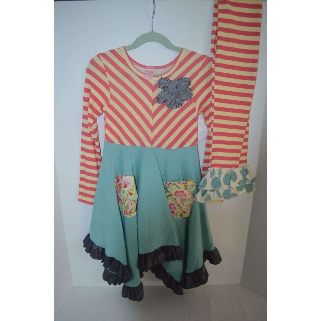 NWT Giggle Moon Girls Size 7 Dress Leggings Set Stripes Floral Blue Ruffle USA