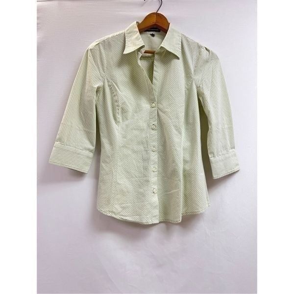 Express Design Studio Womens 3/4 Sleeve Collared Button up Shirt green stripe Sz