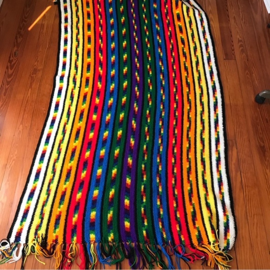 Vintage Large Crochet Blanket Afghan Throw Multi Color Rainbow Stripe 45 X 76