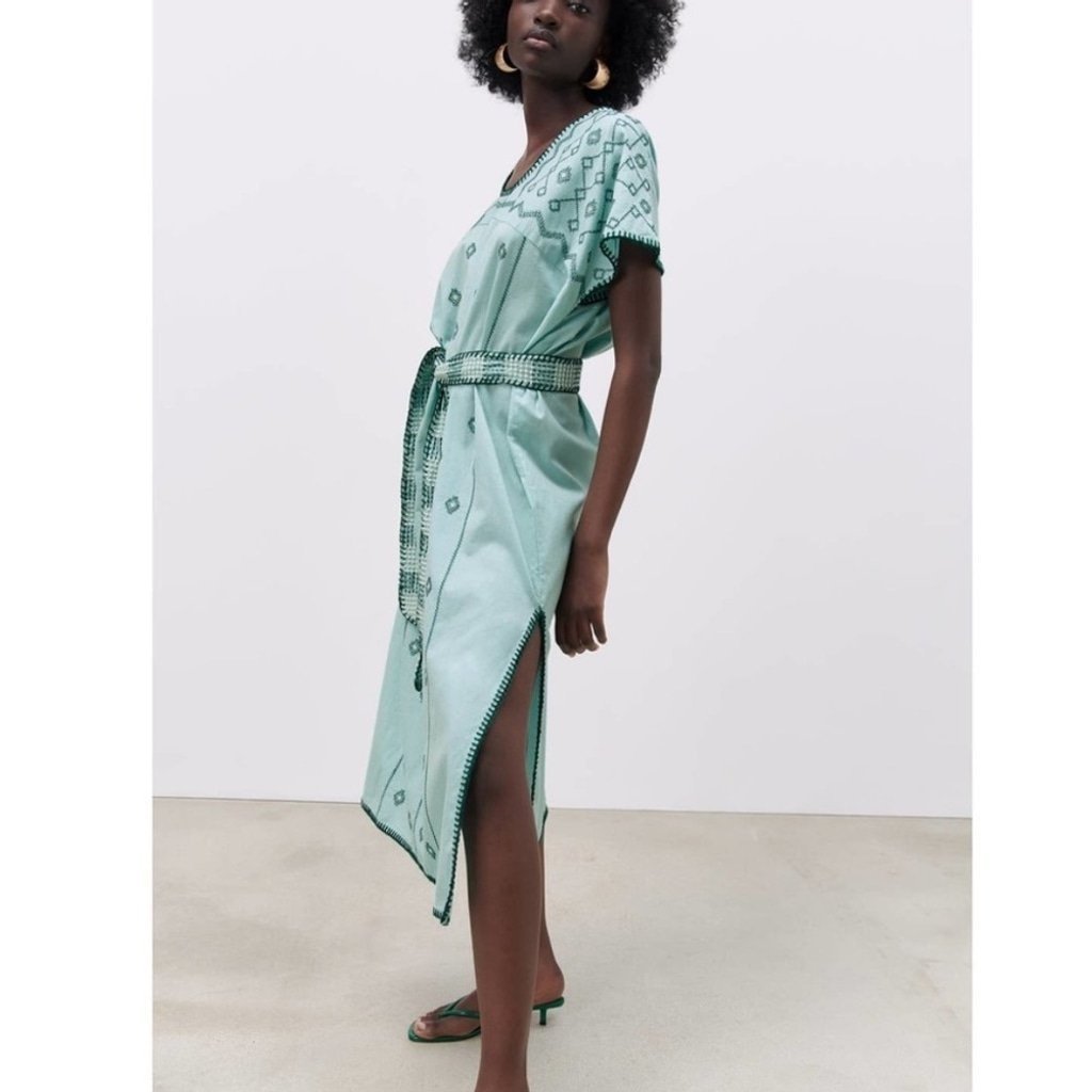 Zara Blue Green Embroidered Cotton Linen Caftan Boho Tunic Midi Dress Small