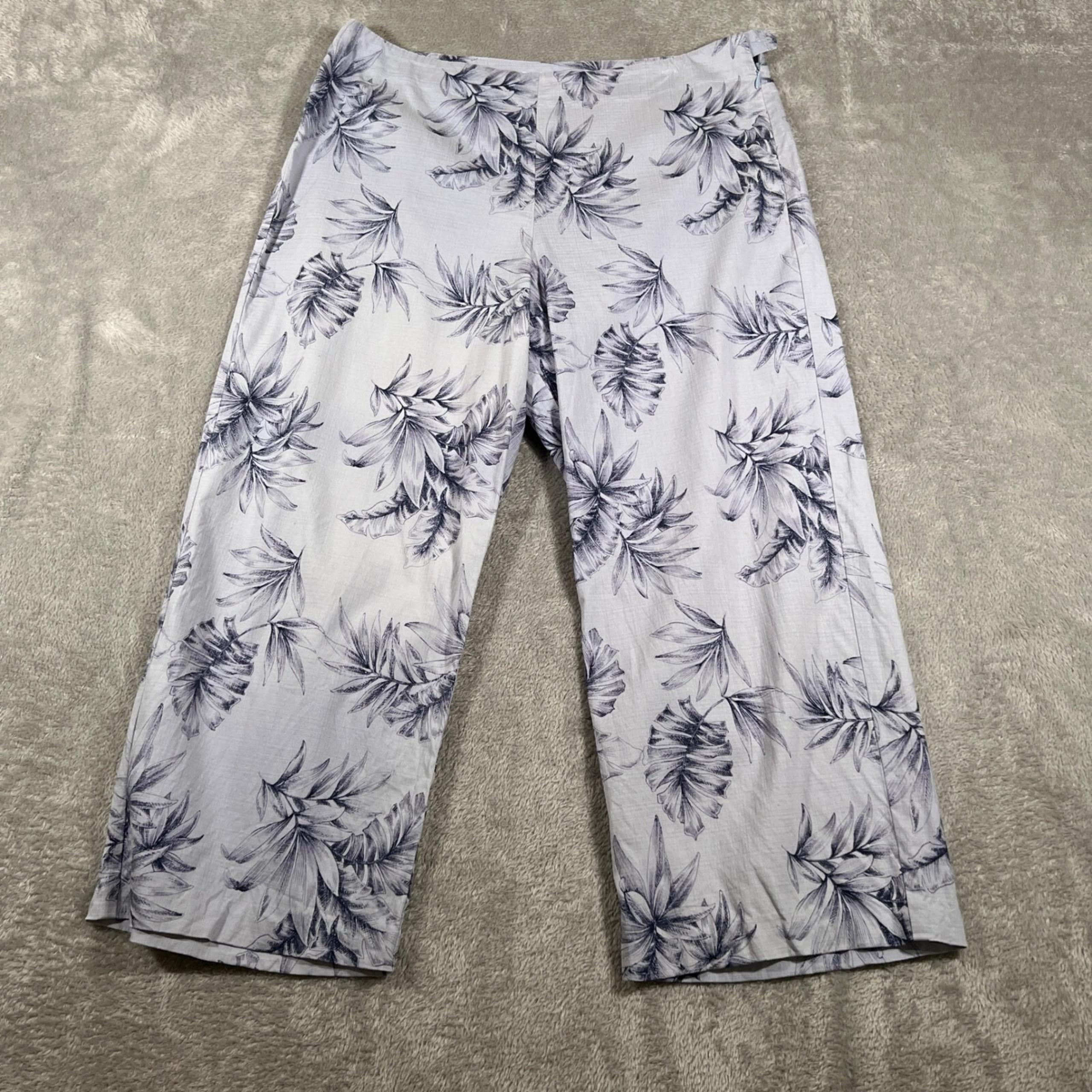Tommy Bahama Pants Womens Sz 12 Blue Floral Cropped Wide Leg Silk Blend Stretch