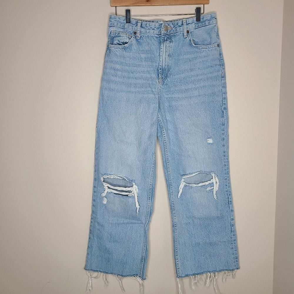 Zara High Rise Wide leg Ripped Jeans Denim Blue Size 8