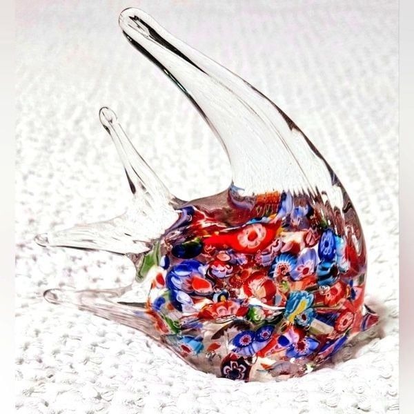 Vintage Art Glass Tropical Angel Fish Paperweight Bright Multi Color RARE