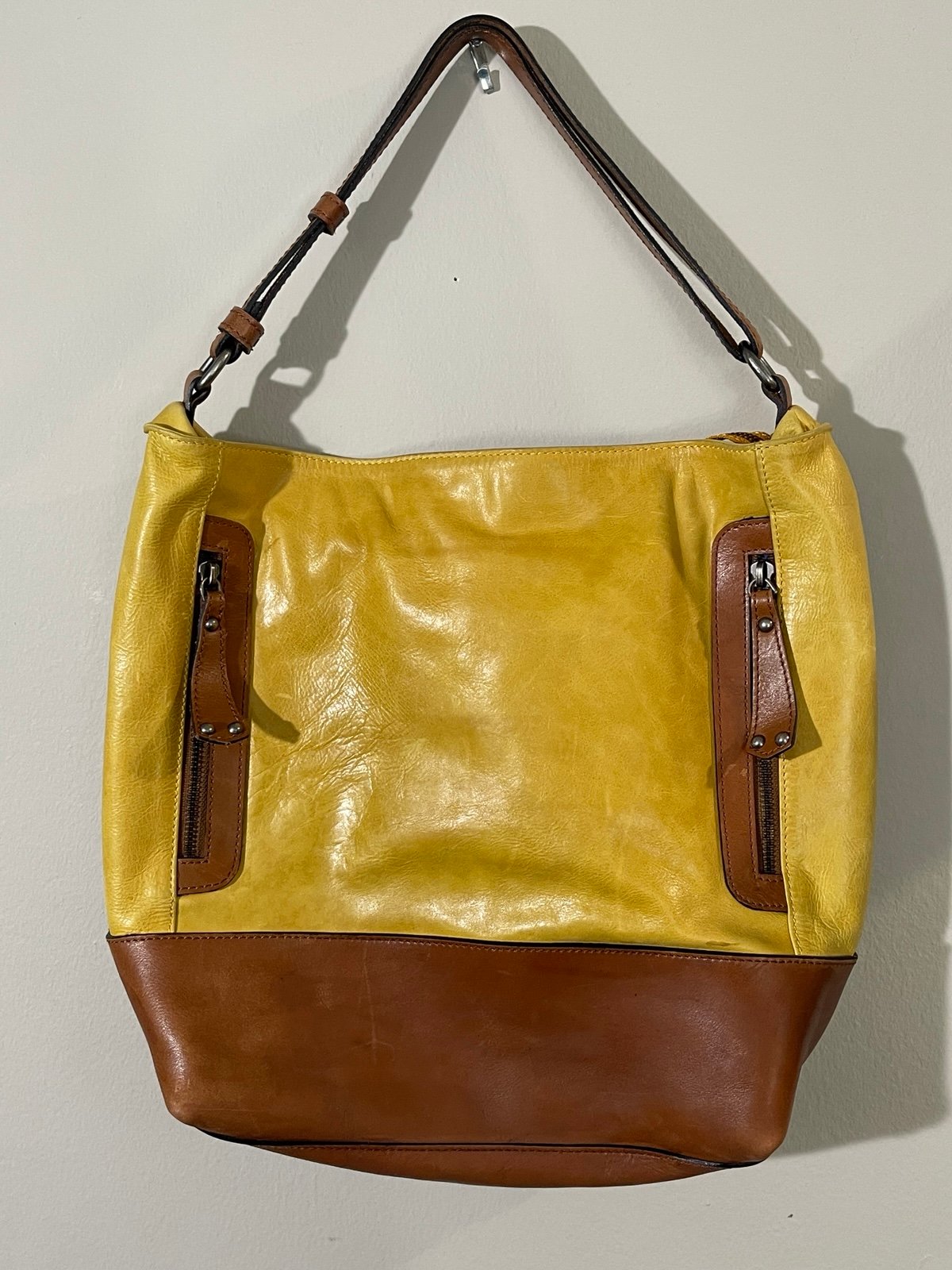 TANO Yellow Leather Classic Large Hobo Slouch Bag Brown Trim