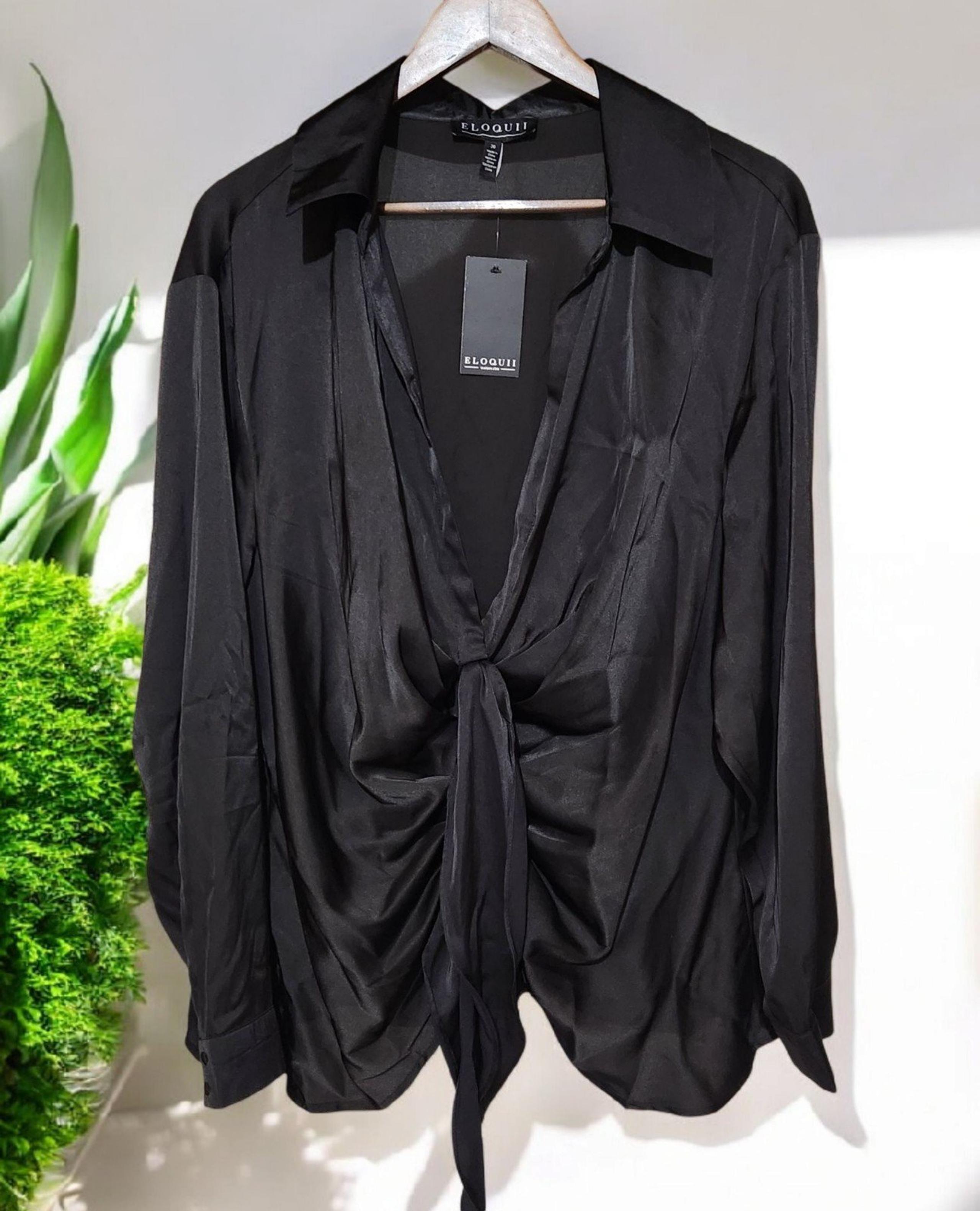 Eloquii Satin Tie Front Ruched Blouse Womens 20 Black Long Sleeve Lightweight