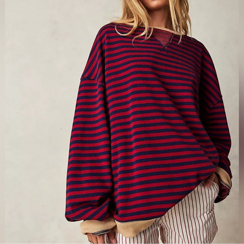 FREE PEOPLE Classic Striped Oversized Crewneck 98 NWOT Nautical Combo - MEDIUM