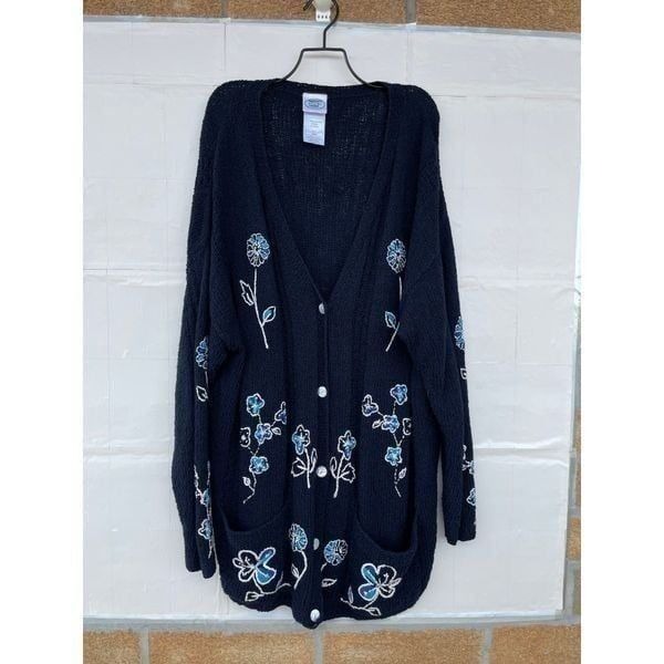 Laura Ashley Navy Blue Cardigan Sweater White Blue Embroidered Flowers Pockets