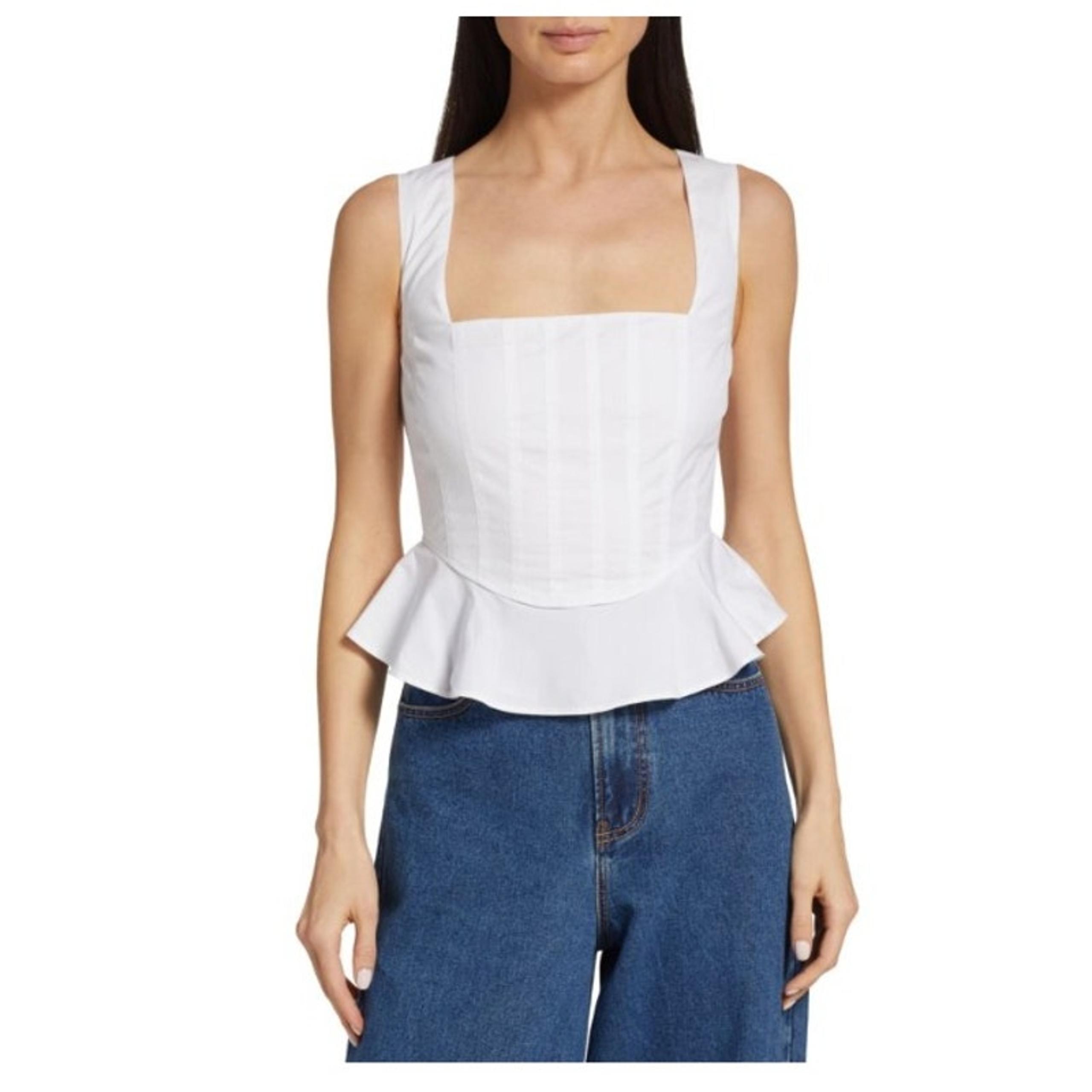 Veronica Beard “Nikolette” Square-Neck Top with Ruffle Hem in White – Size 0