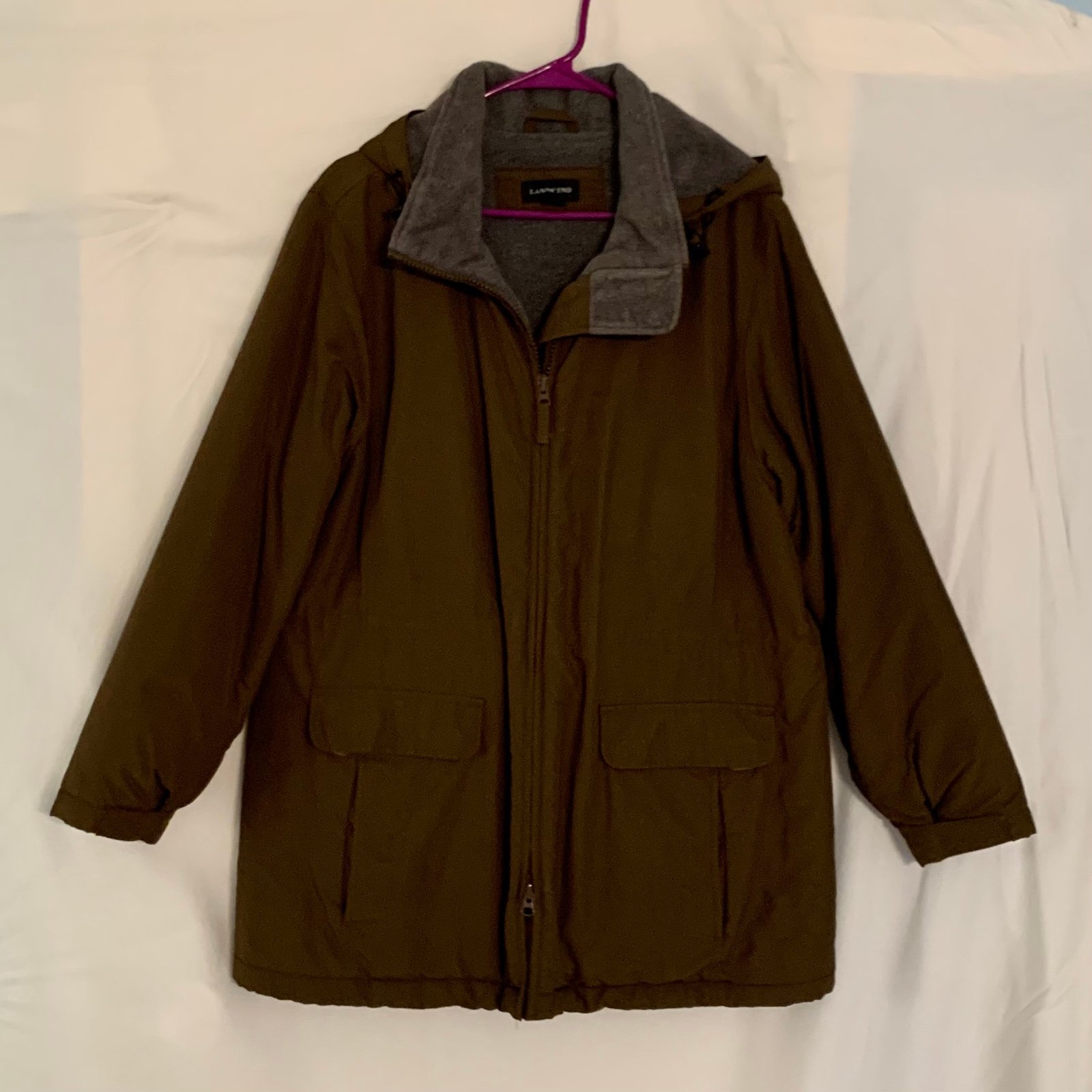 Lands End Women's Size L/P 14/16 Brown Windcheck Winter Jacket Hooded Gray Lined