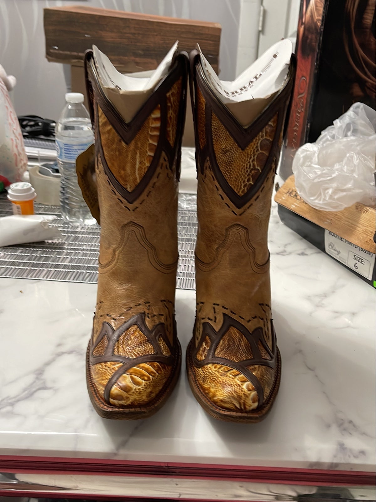 Corral Women's Western Sand Ostrich Leg Patchwork Short Boots A3113 - 7.5