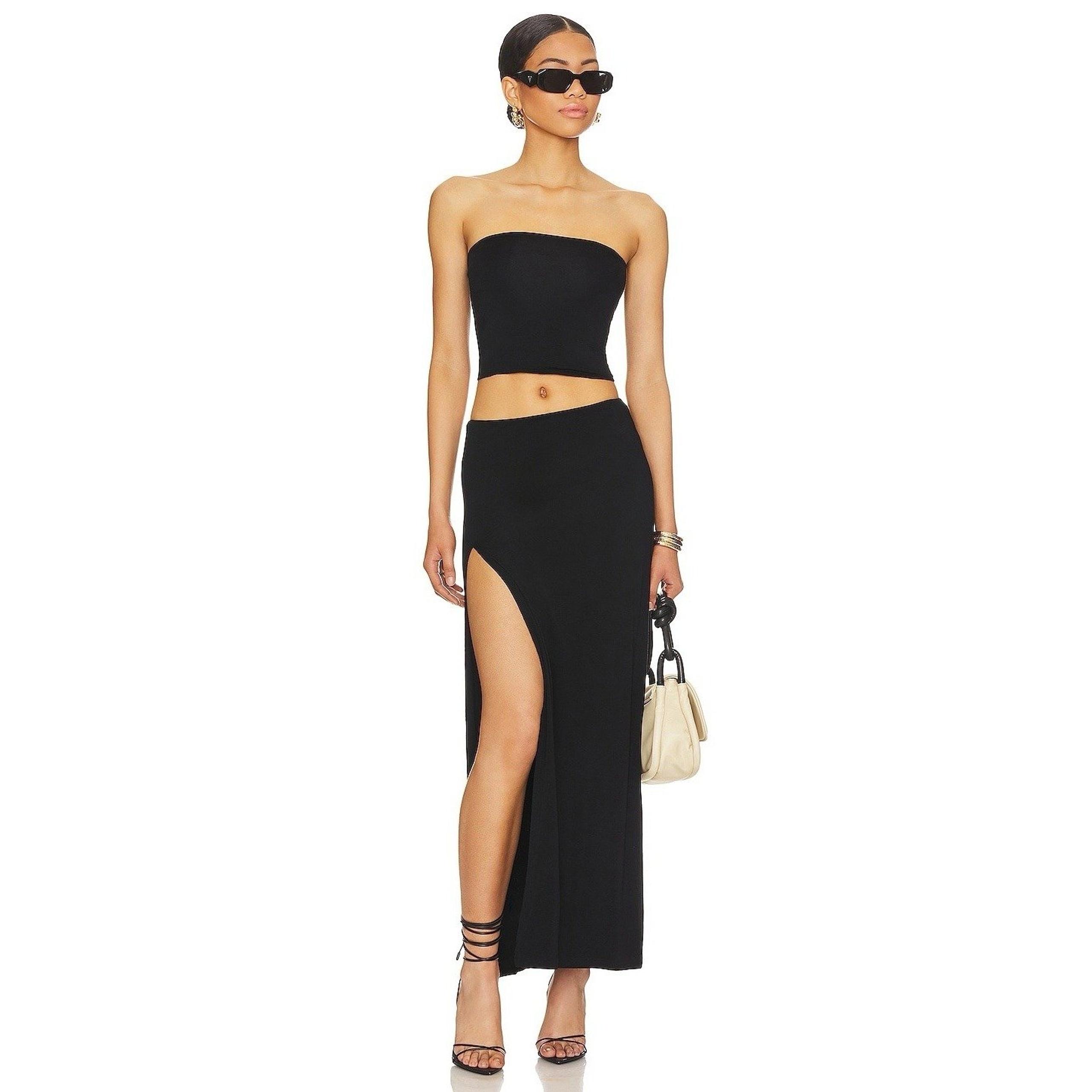 Indah Women's Kira Black Maxi Skirt and Bandeau Top Set Side Slit Size Medium