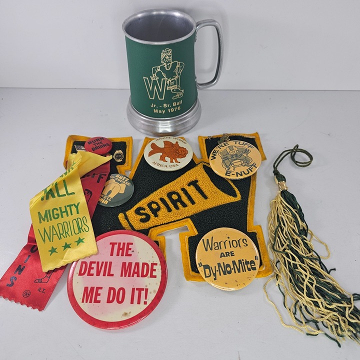 Vintage Warriors Spirit Memorabilia Lot Buttons Ribbons Pennant Mug & Tassel