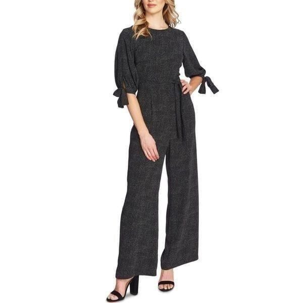 CECE Jumpsuit Women's Size 14W Black White Polka Dots Waist Tie Short Sleeve EUC